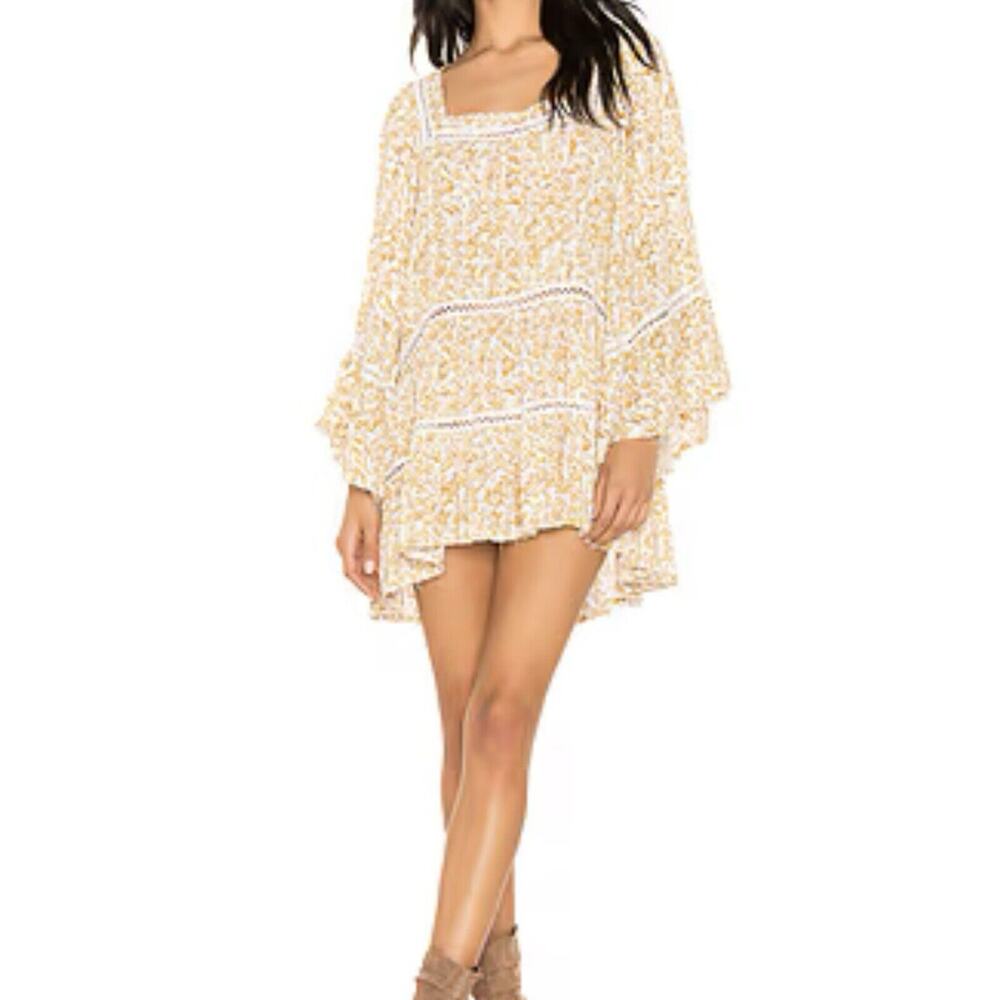 Free People Womens Talk About It Tunic Dress XS Lattice Trim Boho Floral Pintuck